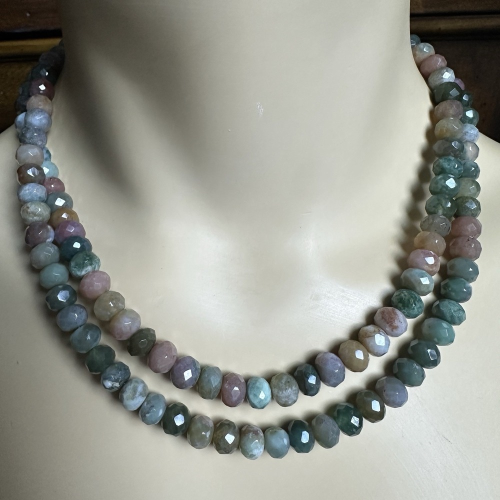 Artisan MB Beaded Necklace 17.7 Inch Faceted‎ Moss Agate Gems 925 Sterling 69.7g